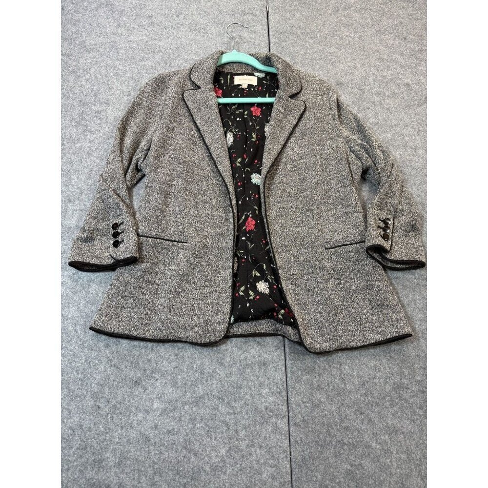 Skies Are Blue Blazer Women's Large Gray Floral Lined Notch Lapel Open Front